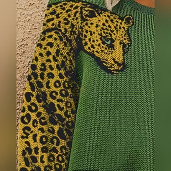 Leopard Sleeve on Beautiful Leaf Green Sweater - Picture 2 of 3